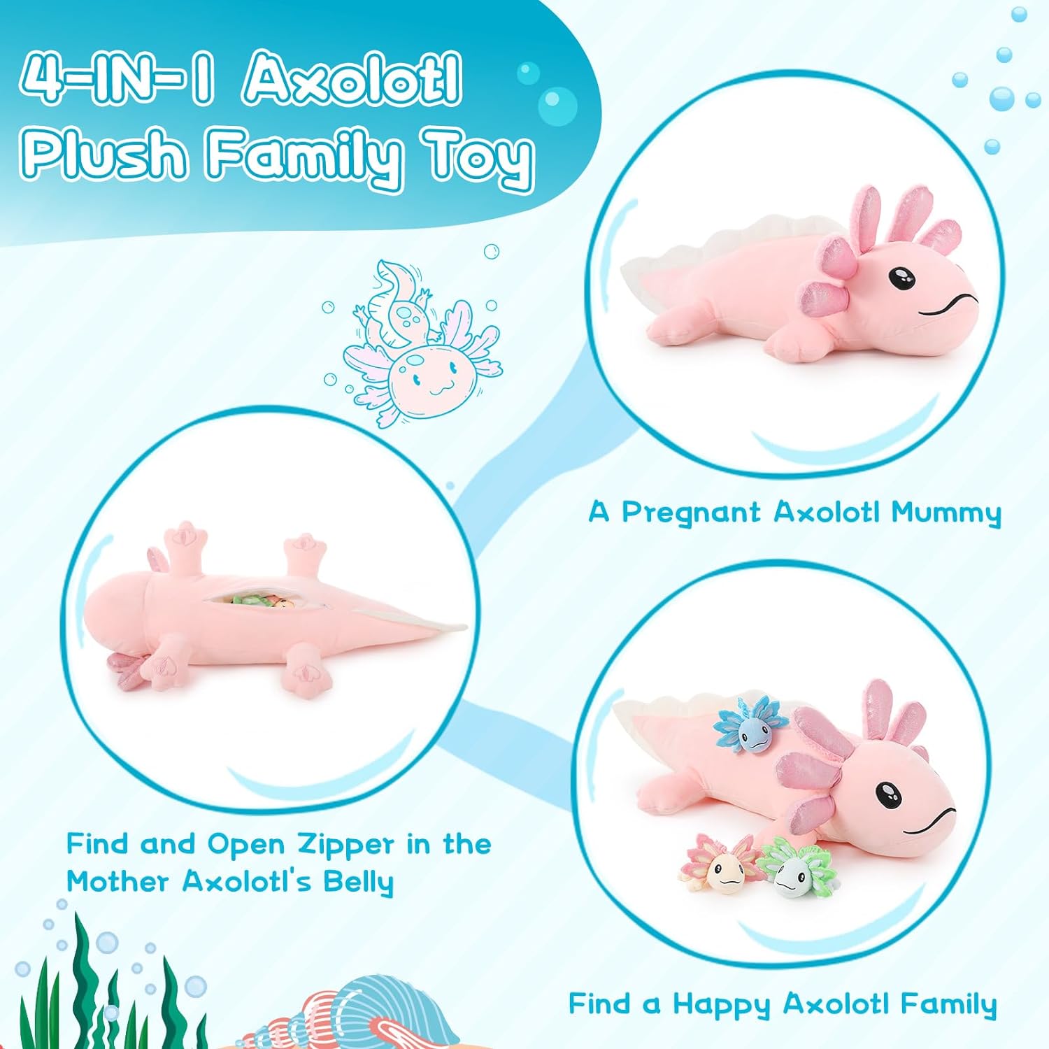 Axolotl Plushie with 3 Babies, 31.5 Inches