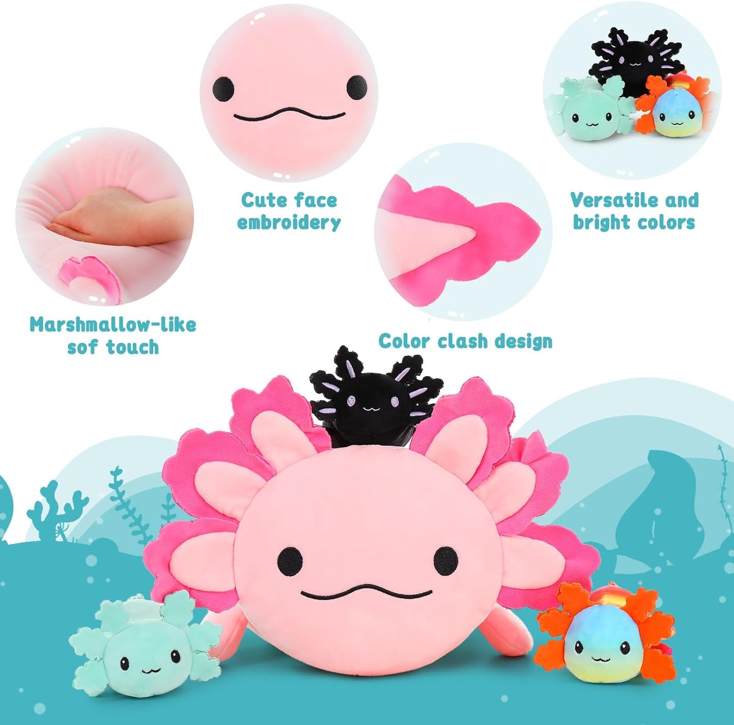 Axolotl Plush Toys - 4 Pcs Axolotl Stuffed Animals Bulk - Cute Salamander 24 Inches Plush Dolls - Stuffed Animal Salamander Babies with Their Mom - Axolotl Cushion Pillow Soft Toys - Gifts for Boys Girls