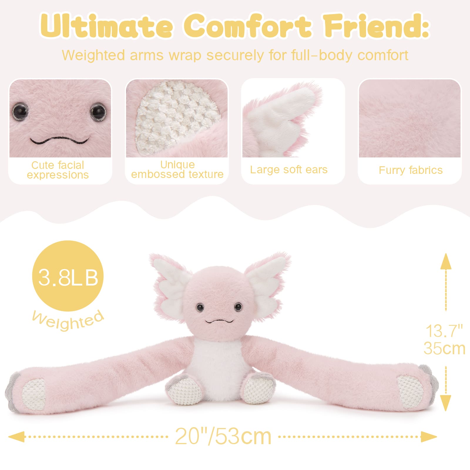 Axolotl Wighted Plush Pillows with 20 Inches Long Arms, Pink, 3.8 LB