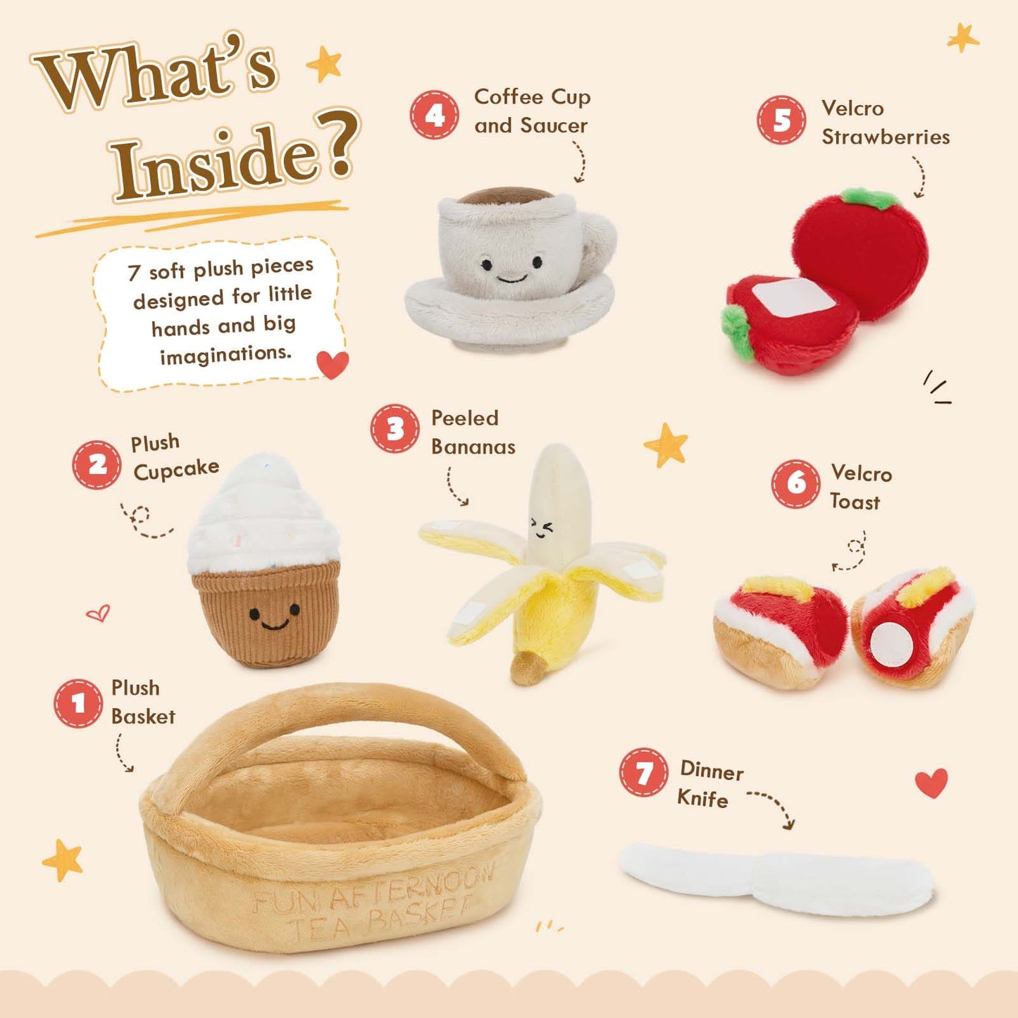 Toddler pretend play plush food toy set with soft tea party basket designed for sensory exploration, fine motor skill development, Montessori learning, and interactive role play