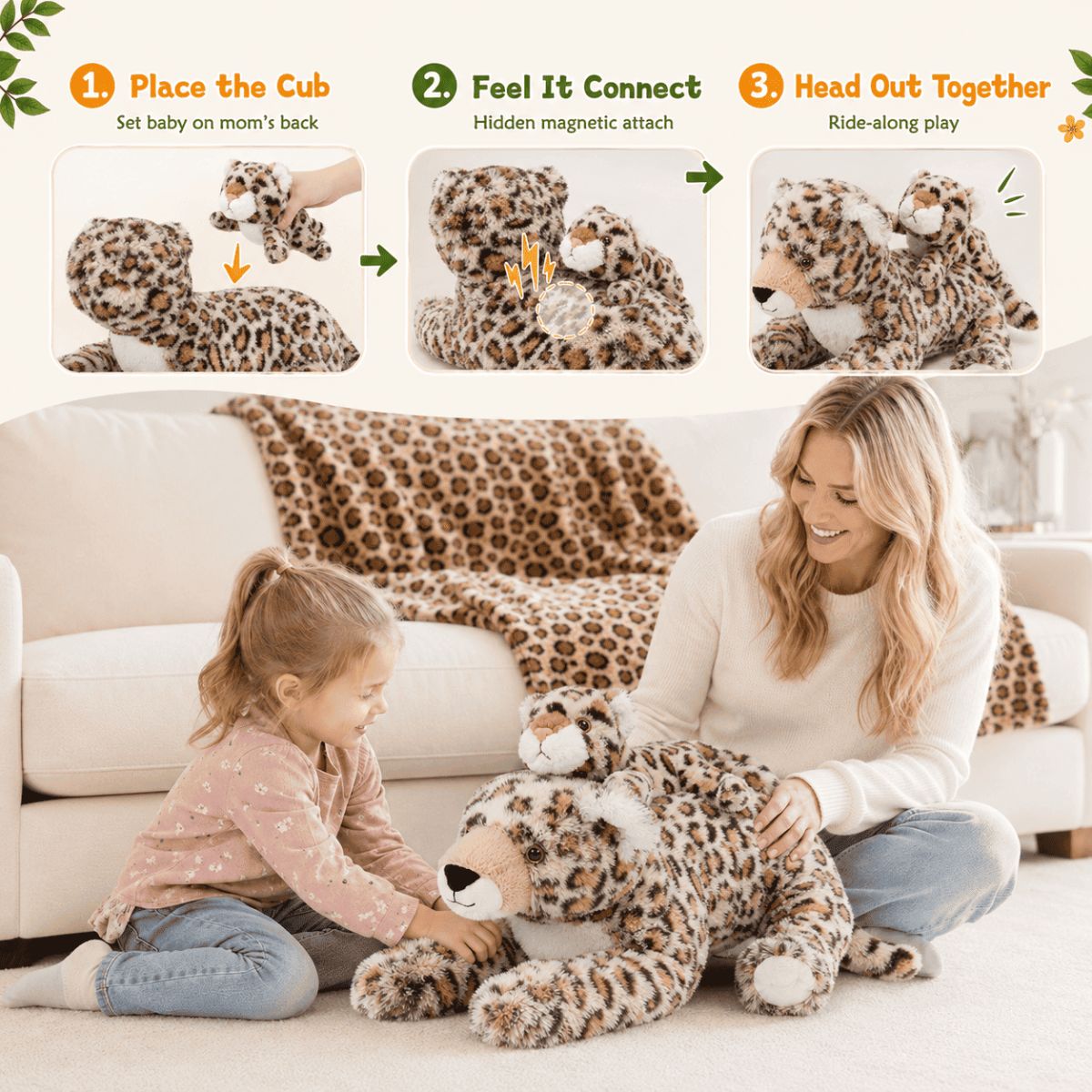 Leopard/Tiger with Cub Plush Toy Set Cuddly Animal Gift for Kids
