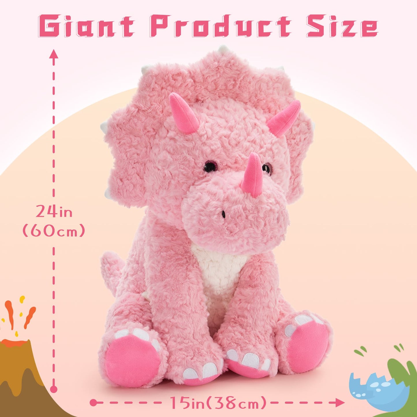 Triceratops Plush Toy - Dino Stuffed Animals, 23.6 Inches - Big Pink Dino Plush Toys - Cute Cartoon Dinosaur Plush Pillows for Kids - Jurassic Park Stuffed Animals - Christmas/Birthday/Valentine's Day/Baby Shower Gift for Kids Teens Adults
