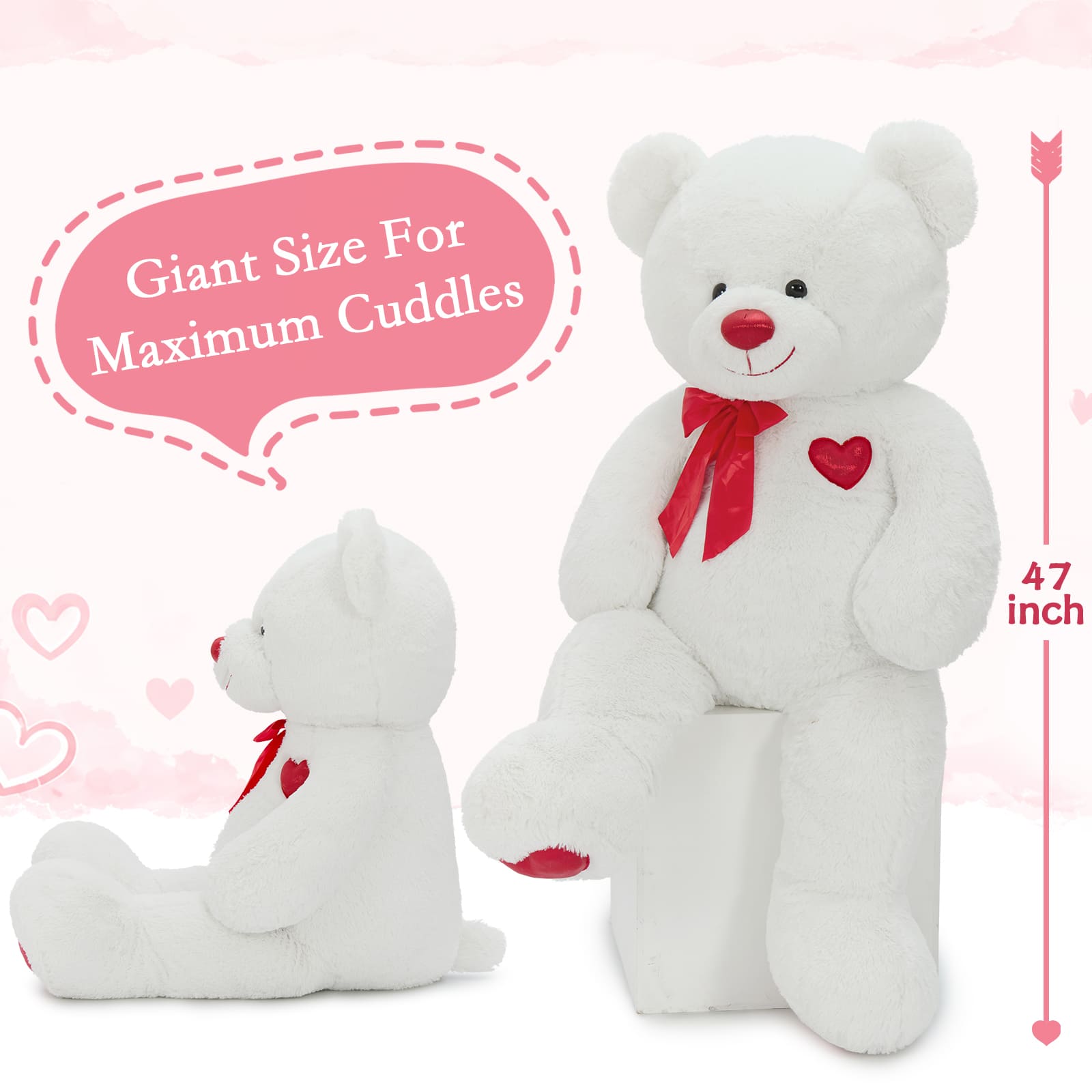 Giant Teddy Bear Plush with Red Heart & Bow, Brown/White, 47 Inches