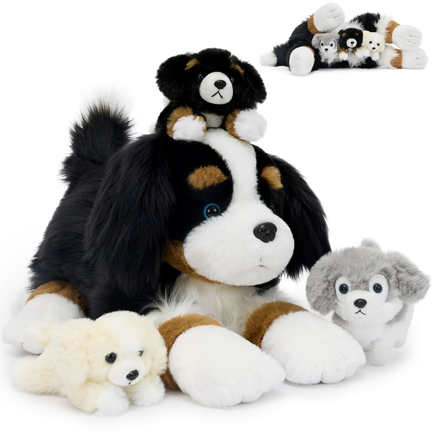 Realistic Bernese Mountain Dog plush toy set with soft fluffy fur featuring a large stuffed dog and three mini puppy companions on a white background