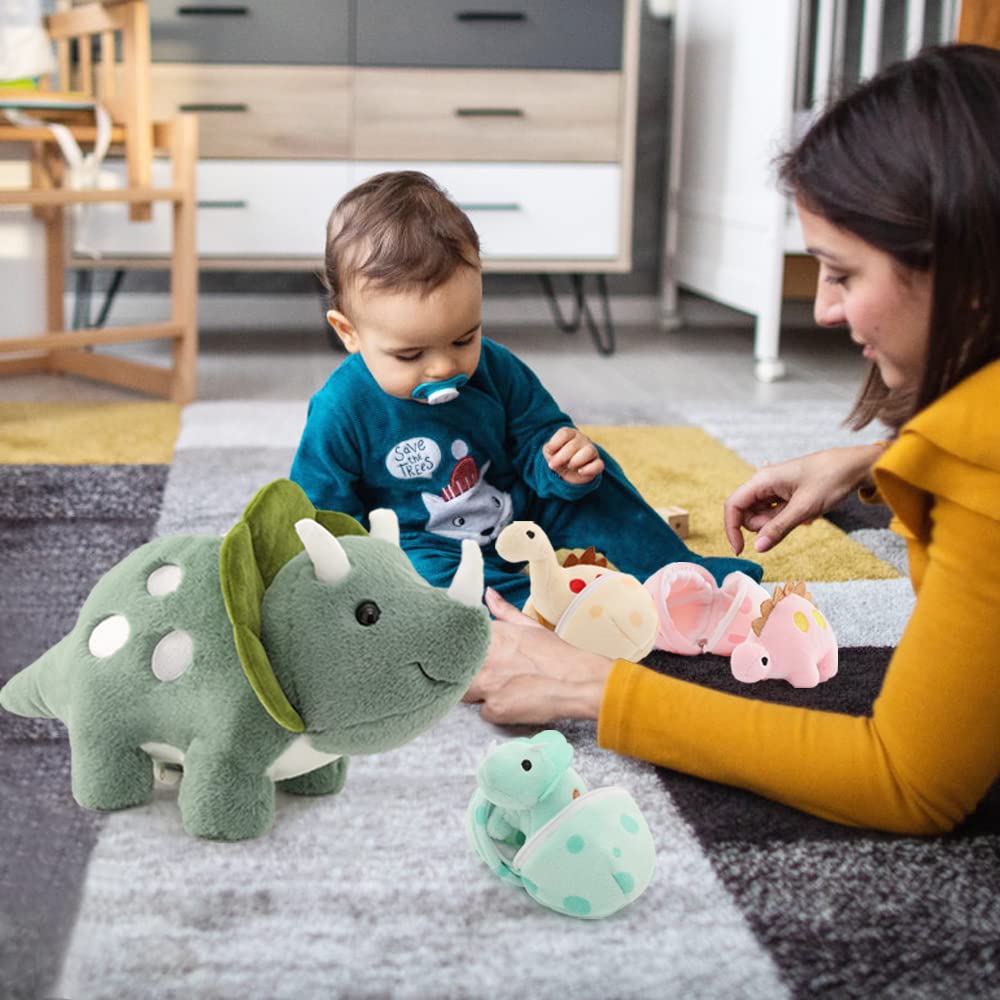 Dinosaur Plush Toy with 3 Baby Dinosaurs, Green/Pink, 17.6 Inches