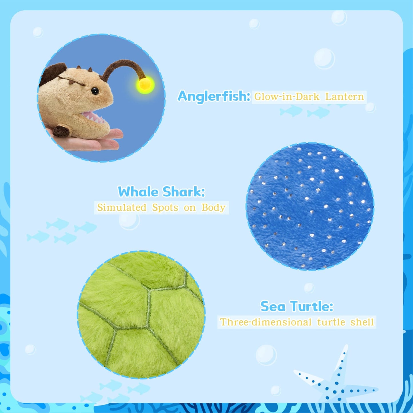 Product card with plush toys resembling an anglerfish, whale shark, and sea turtle on a blue background.