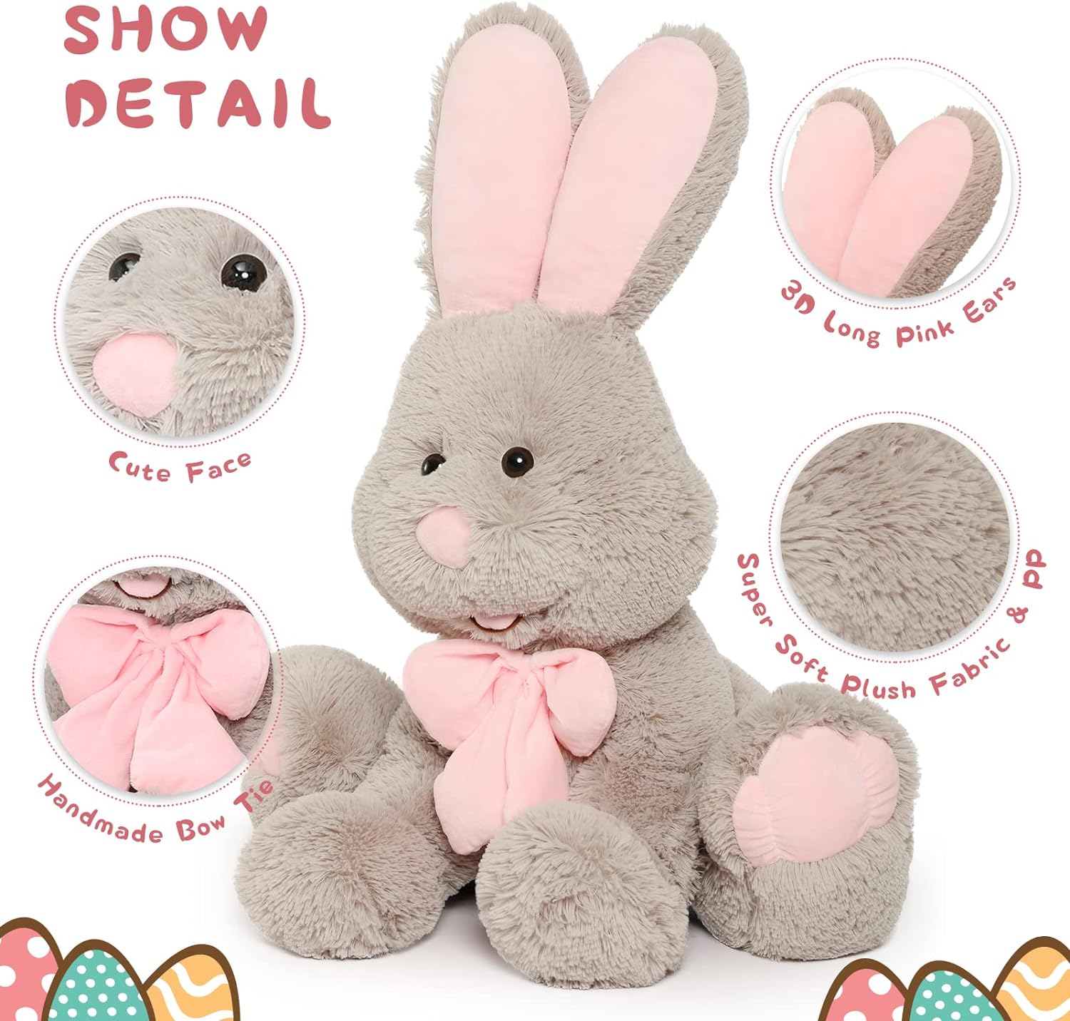 Cute Easter Bunny Plush Toys - Big Rabbit Stuffed Animals with A Pink Bow - Easter Gift for Kids Teens Adults - Cute Cartoon Bunny Plush Pillows 31 Inches - Birthday Gift for Friends
