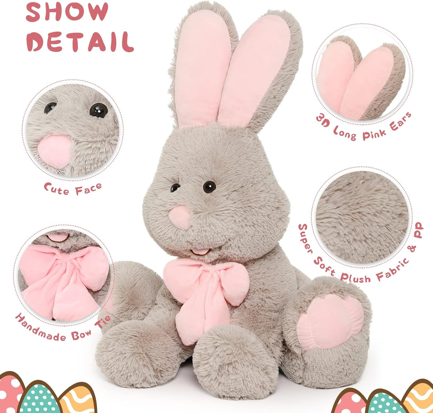 Cute Easter Bunny Plush Toys - Big Rabbit Stuffed Animals with A Pink Bow - Easter Gift for Kids Teens Adults - Cute Cartoon Bunny Plush Pillows 31 Inches - Birthday Gift for Friends