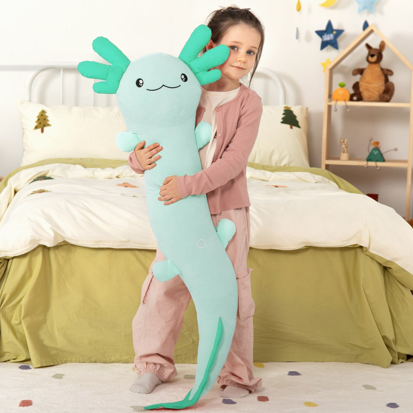 Giant Cozy Axolotl Long Throw Pillow, Red/Pink/Mint Green/Blue, 48 Inches