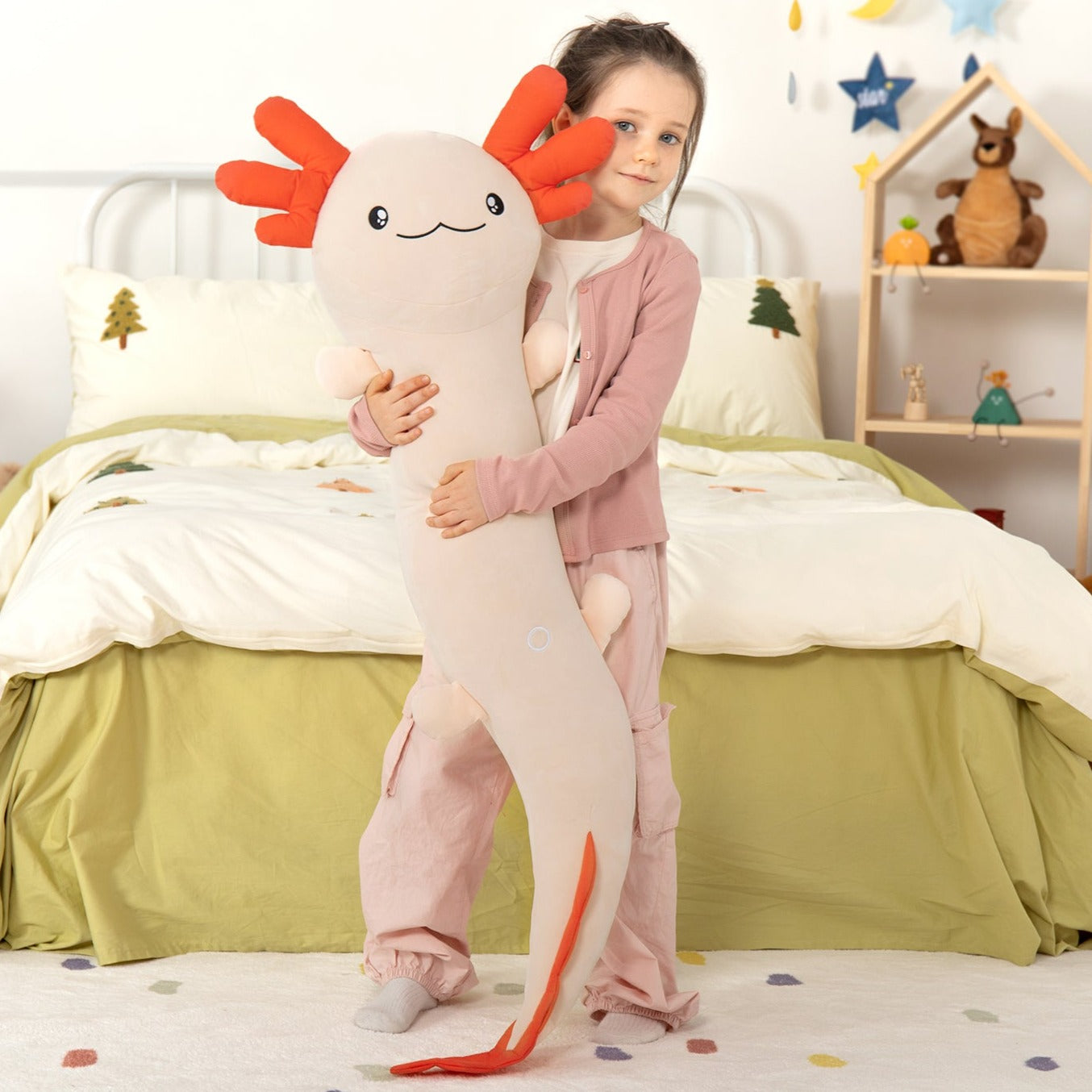 Giant Cozy Axolotl Long Throw Pillow, Red/Pink/Mint Green/Blue, 48 Inches