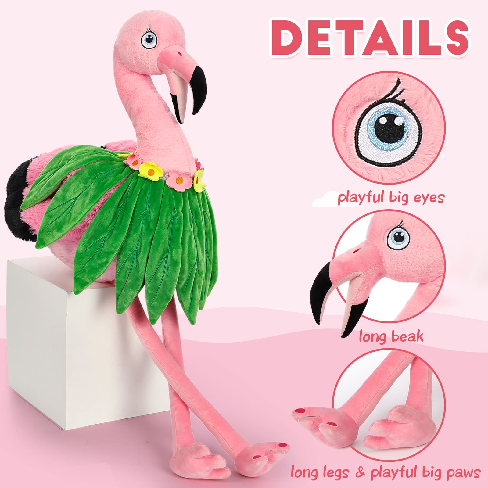 Realistic Pink Flamingo Stuffed Animals - Giant 43 Inches Flamingo Plush Toys with Grass Skirt - Valentine's Day Gift for Girlfriend/Boyfriend - Fluffly Cuddly Plushy Fluffy Toy - Cute Flamingo Cartoon Plush Pillows for Kids - Christmas/Birthday Gift for Children - Free Shipping