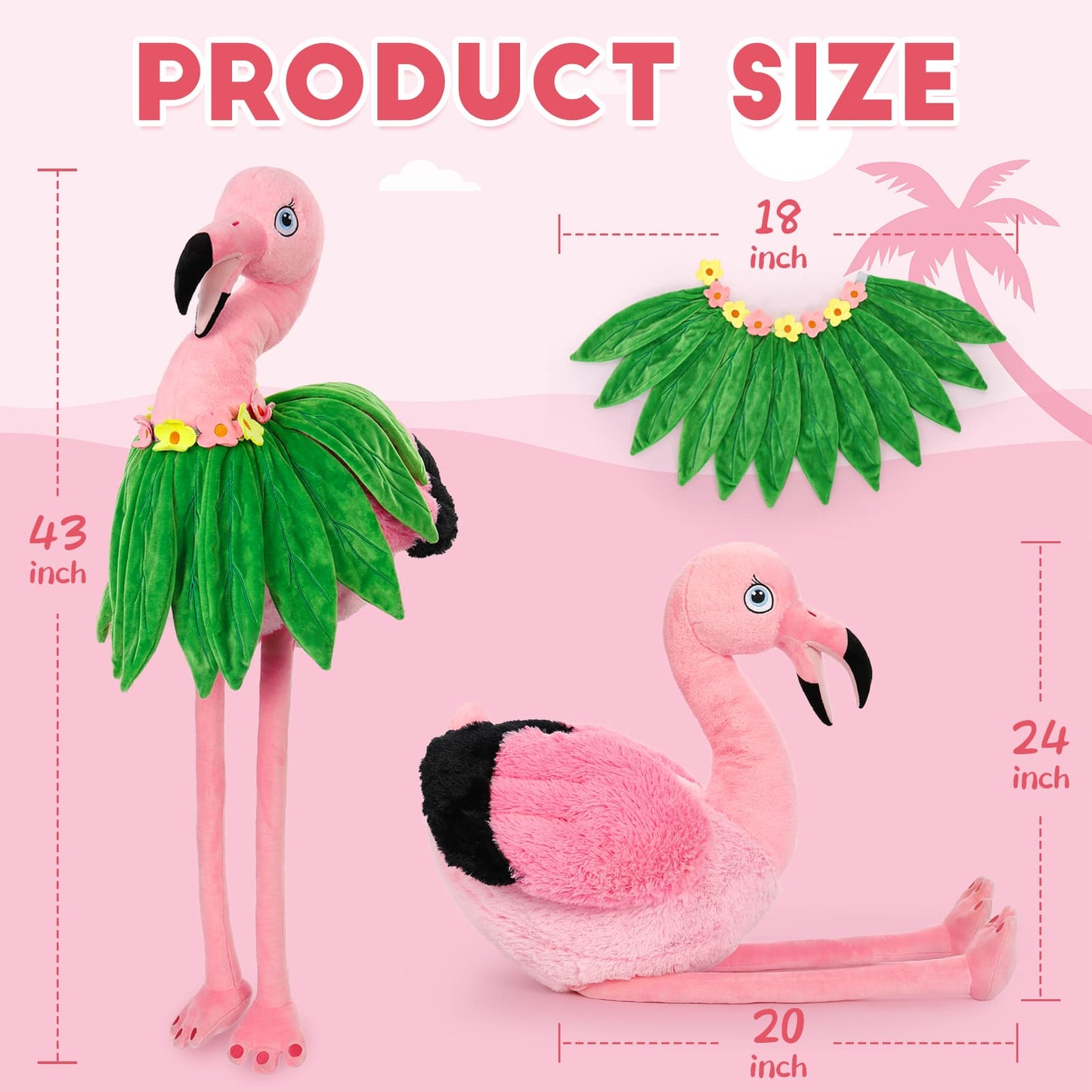 Realistic Pink Flamingo Stuffed Animals - Giant 43 Inches Flamingo Plush Toys with Grass Skirt - Valentine's Day Gift for Girlfriend/Boyfriend - Fluffly Cuddly Plushy Fluffy Toy - Cute Flamingo Cartoon Plush Pillows for Kids - Christmas/Birthday Gift for Children - Free Shipping