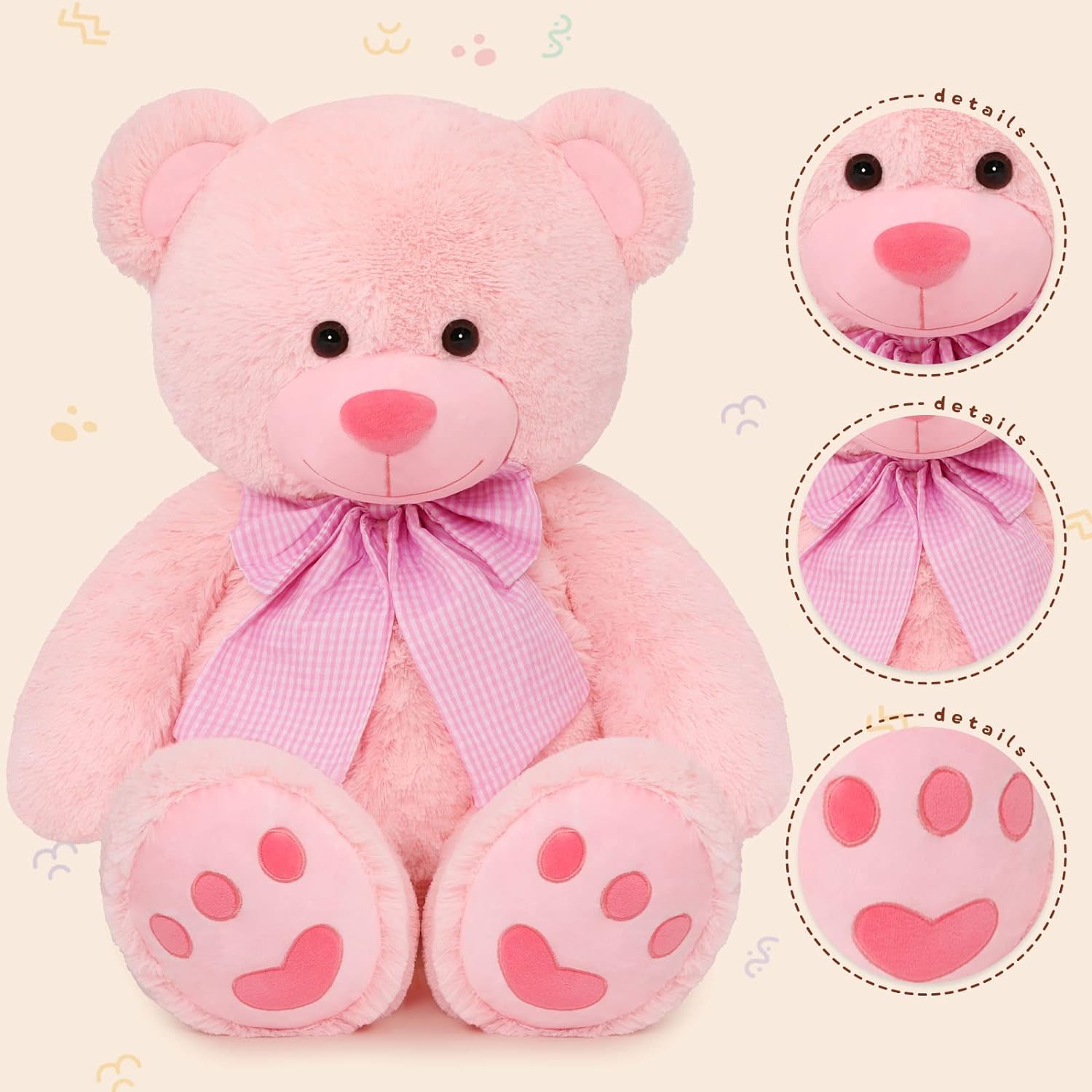 Big Teddy Bear Plush Toy, Brown/White/Pink, 39/47 Inches