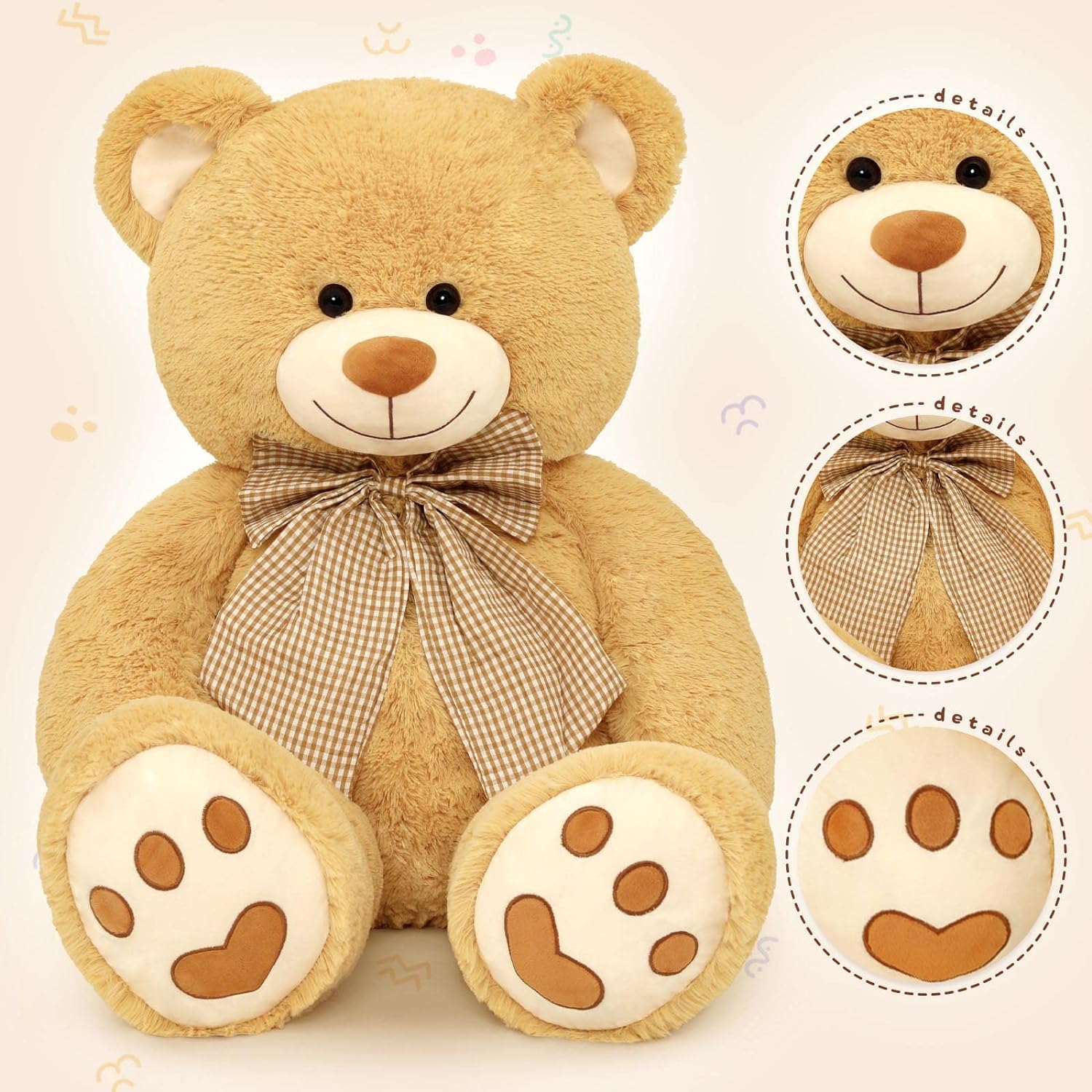 Big Teddy Bear Plush Toy, Brown/White/Pink, 39/47 Inches