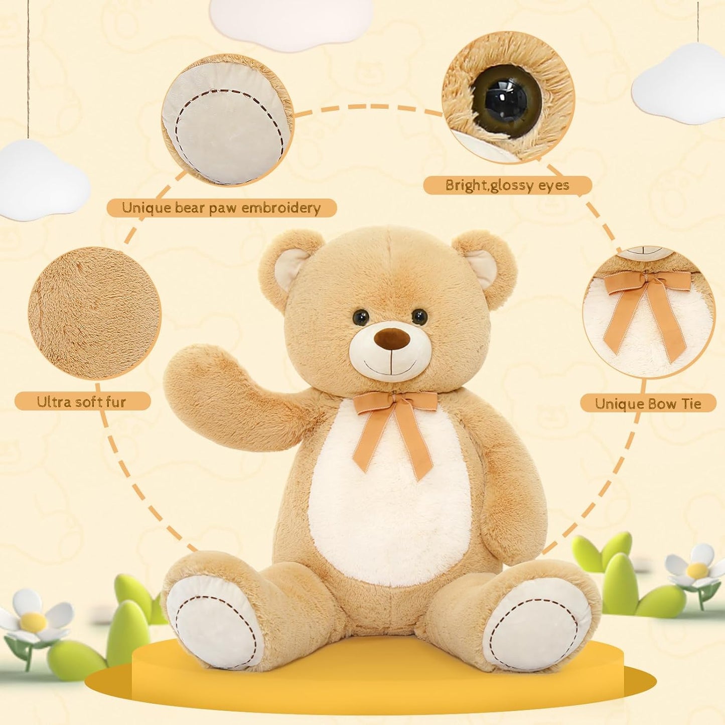MorisMos Stuffed Animals - Giant Light Brown Teddy Bear Plush Toys - 4 Feet Teddy Bear Plush Dolls - Valentine's Day Teddy Bears&Gifts for Boyfriend/Girlfriend - ' We Can Bearly Wait' Teddy Bear Theme Baby Shower Decor Ideas - Birthday/Christmas/Graduation Gift for friends - Romantic Anniversary Gift for Wife/Husband