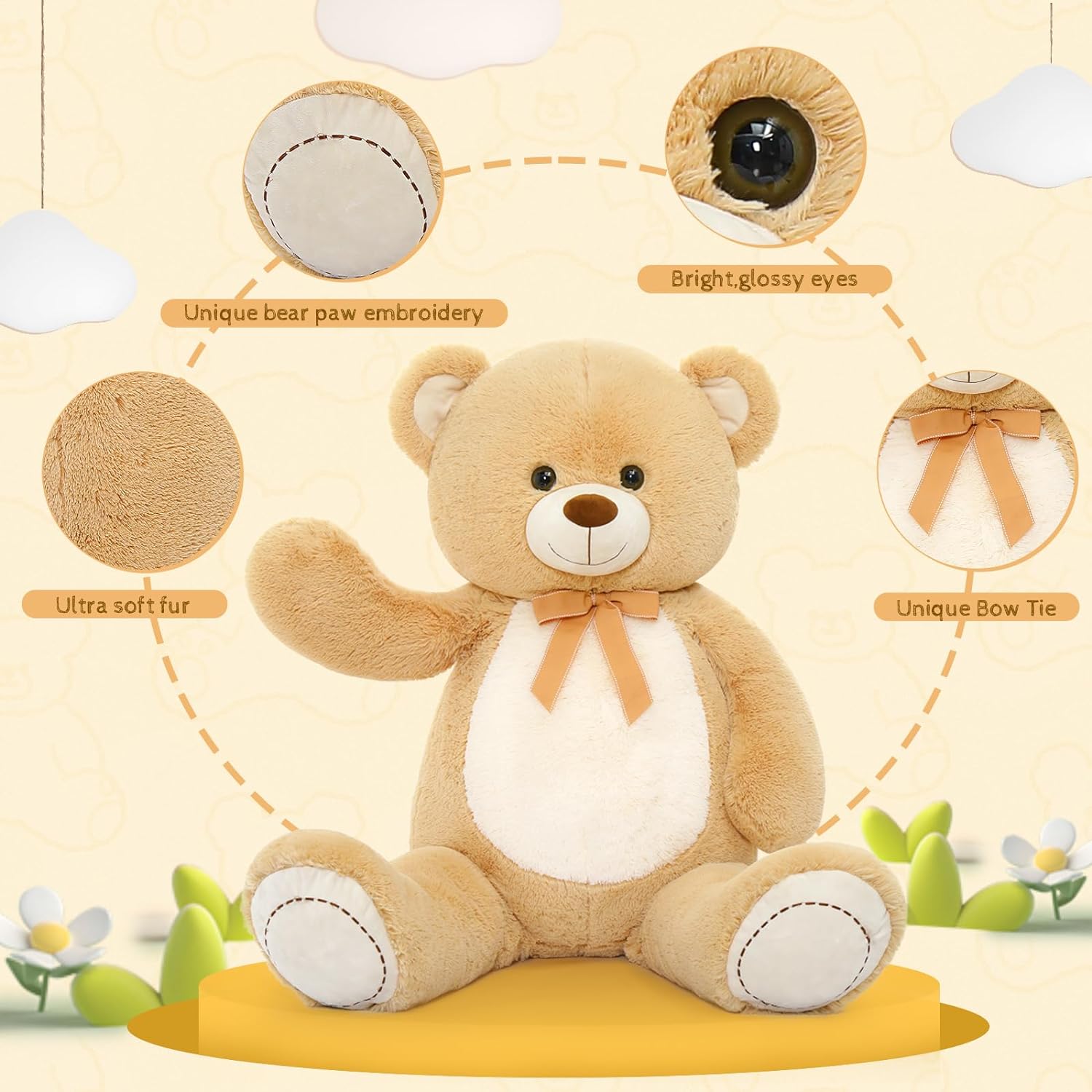Big Teddy Bear Plush Toy, Light Brown/Dark Brown/Pink, 51 Inches