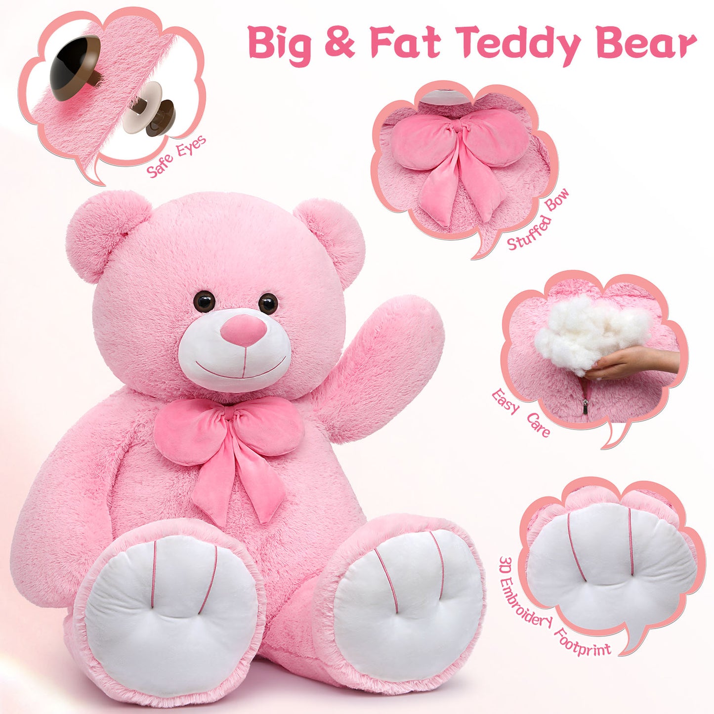 Giant Pink Teddy Bear Plush Toys - Pink Teddy Bear Stuffed Animals - Massive Valentine's Day Teddy Bears&Gifts - Soft Cuddly Smiling Face Big Teddy Bear Plush Gift for Girlfriend/Boyfriend - Teddy Bear Plush Dolls for Birthday/Baby Shower/Christmas