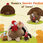 Turkey Squad plush set with one large turkey and three small baby turkey stuffed toys, soft and cuddly, perfect for Thanksgiving or gift giving.