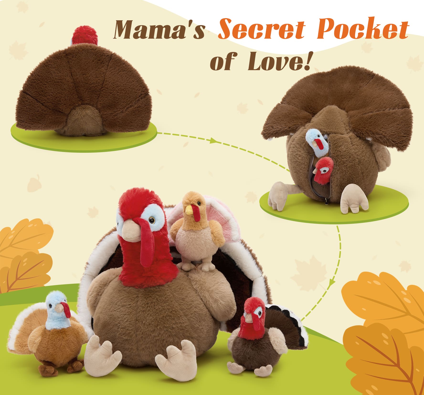 Turkey Plush Toys with Babies Inside the Belly, 14 Inches