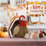 Turkey Squad plush set with one large turkey and three small baby turkey stuffed toys, soft and cuddly, perfect for Thanksgiving or gift giving.