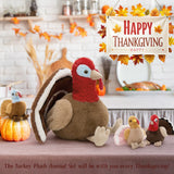 Turkey Squad plush set with one large turkey and three small baby turkey stuffed toys, soft and cuddly, perfect for Thanksgiving or gift giving.