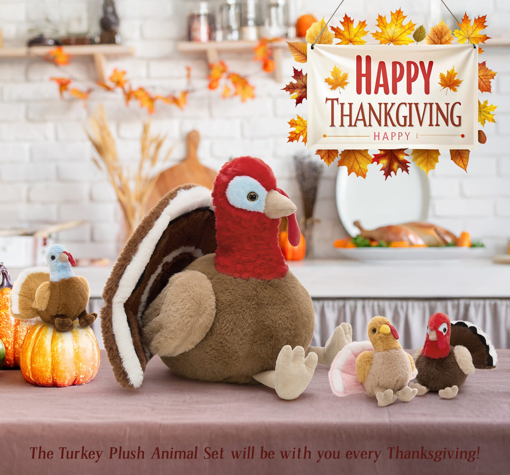 Turkey Squad plush set with one large turkey and three small baby turkey stuffed toys, soft and cuddly, perfect for Thanksgiving or gift giving.