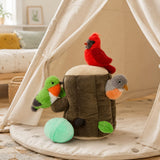 9.8 Inch Tree Stump Plush Toy Set with Three Birds and One Egg