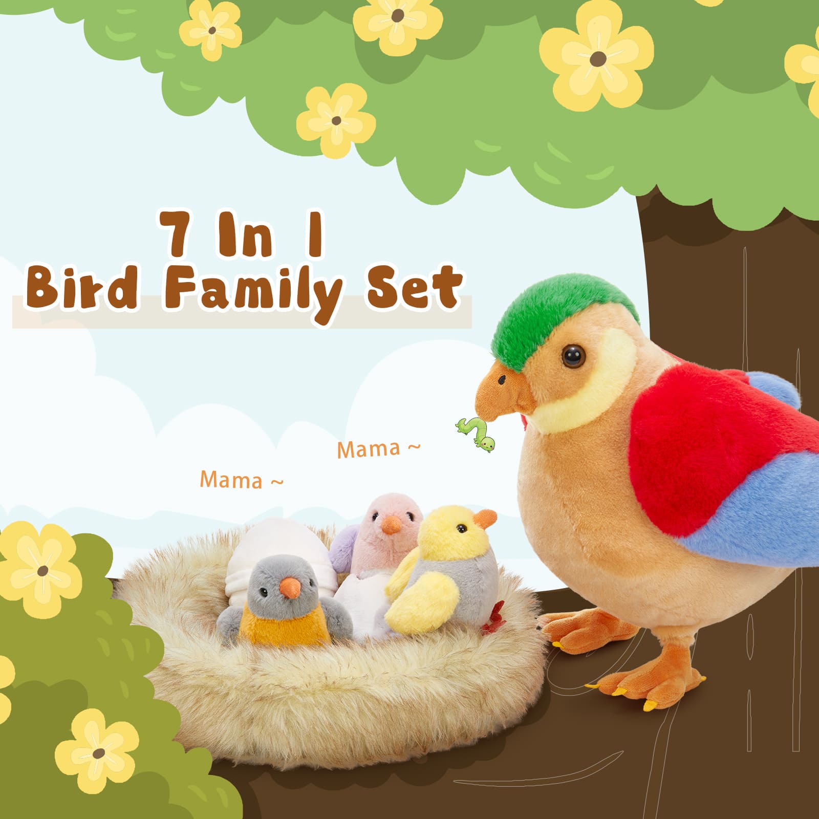 MorisMos 7Pcs Bird Stuffed Animals, Mommy Bird with Babies Eggs Nest, Colorful Birds Plush Toys Gifts for Toddlers, Kids, Boys, Girls, 12 inch