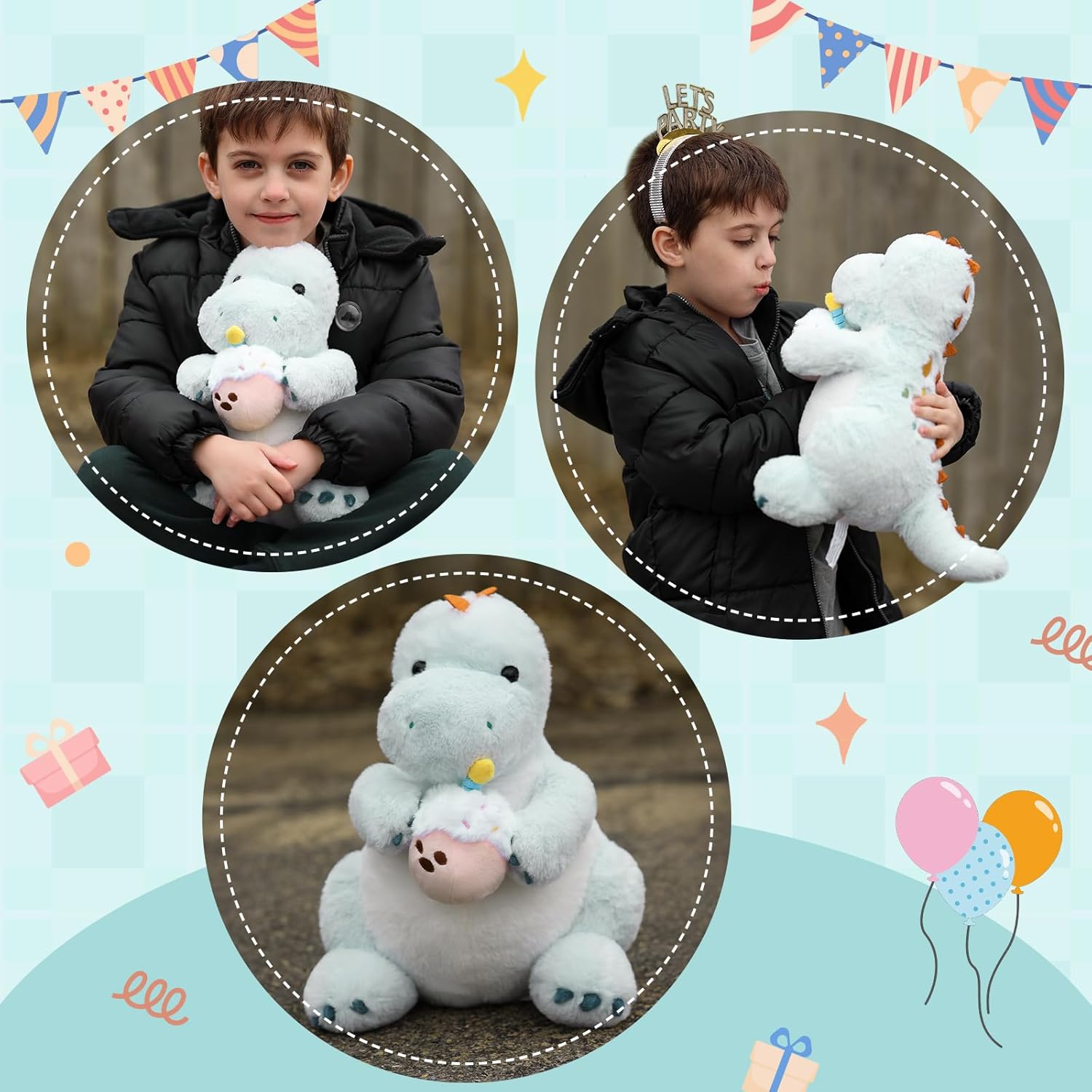Birthday Dinosaur Plush Toys, Light Blue, 14 Inches