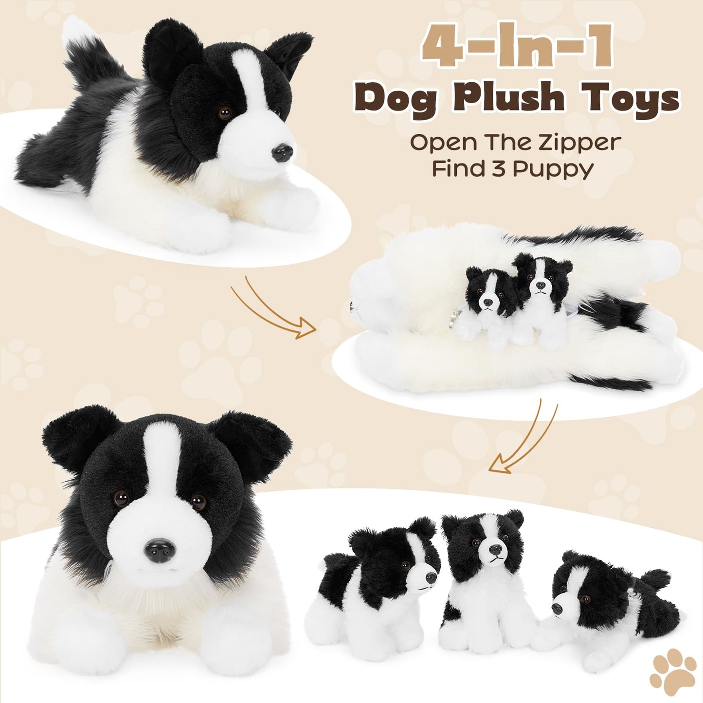 Border Collie Mom & Puppies Plush Set Herding Dog Stuffed Animals