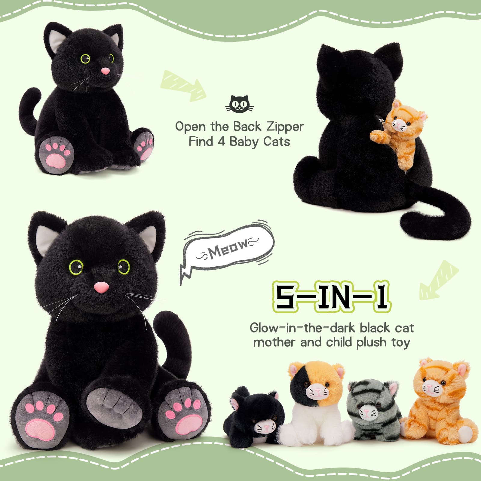 15.75-Inch Black Cat Stuffed Animals with Four Kitten Plush Toys - Stuffed Animal Kitten Babies with Their Mom - Cat Stuffed Animals with Babies in the Belly - Christmas/Birthday/Baby Shower Gift Ideas for Kids Teen Adults - MorisMos Stuffed Animals - Free Shipping