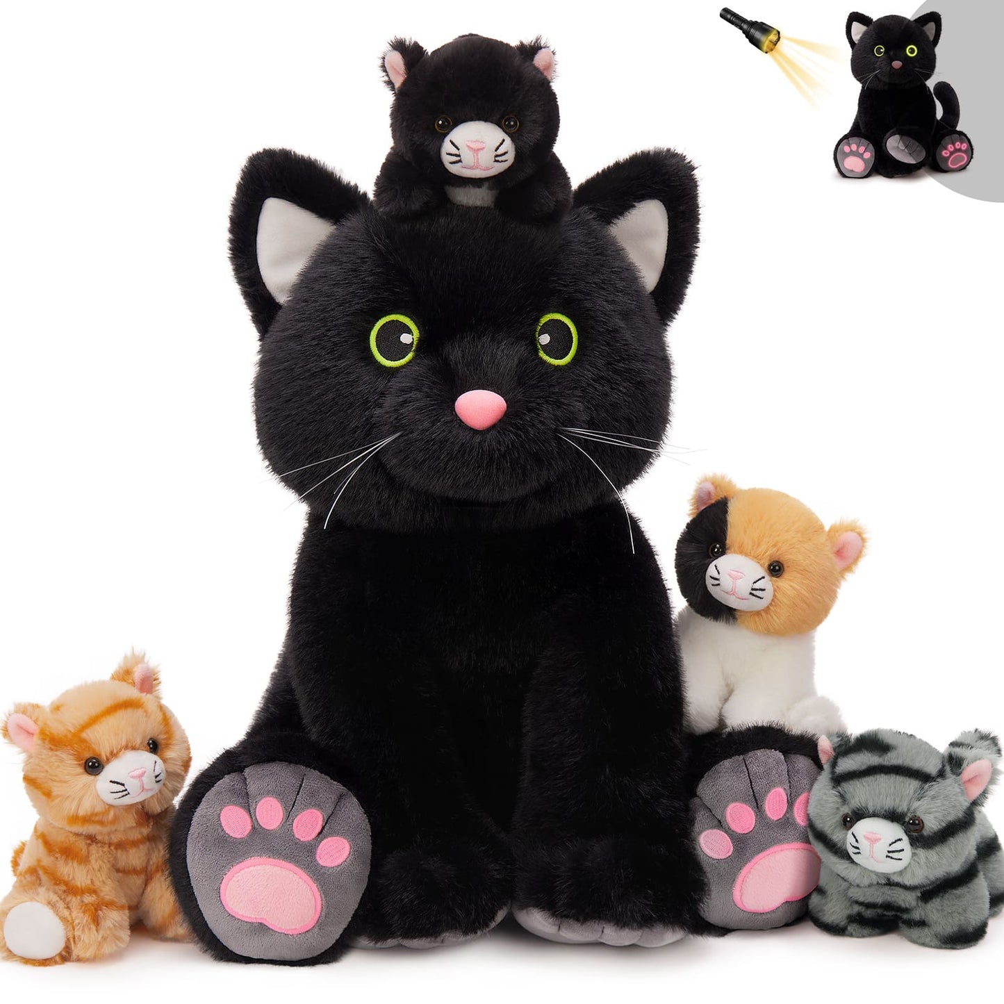 15.75-Inch Black Cat Stuffed Animals with Four Kitten Plush Toys - Stuffed Animal Kitten Babies with Their Mom - Cat Stuffed Animals with Babies in the Belly - Christmas/Birthday/Baby Shower Gift Ideas for Kids Teen Adults - MorisMos Stuffed Animals - Free Shipping