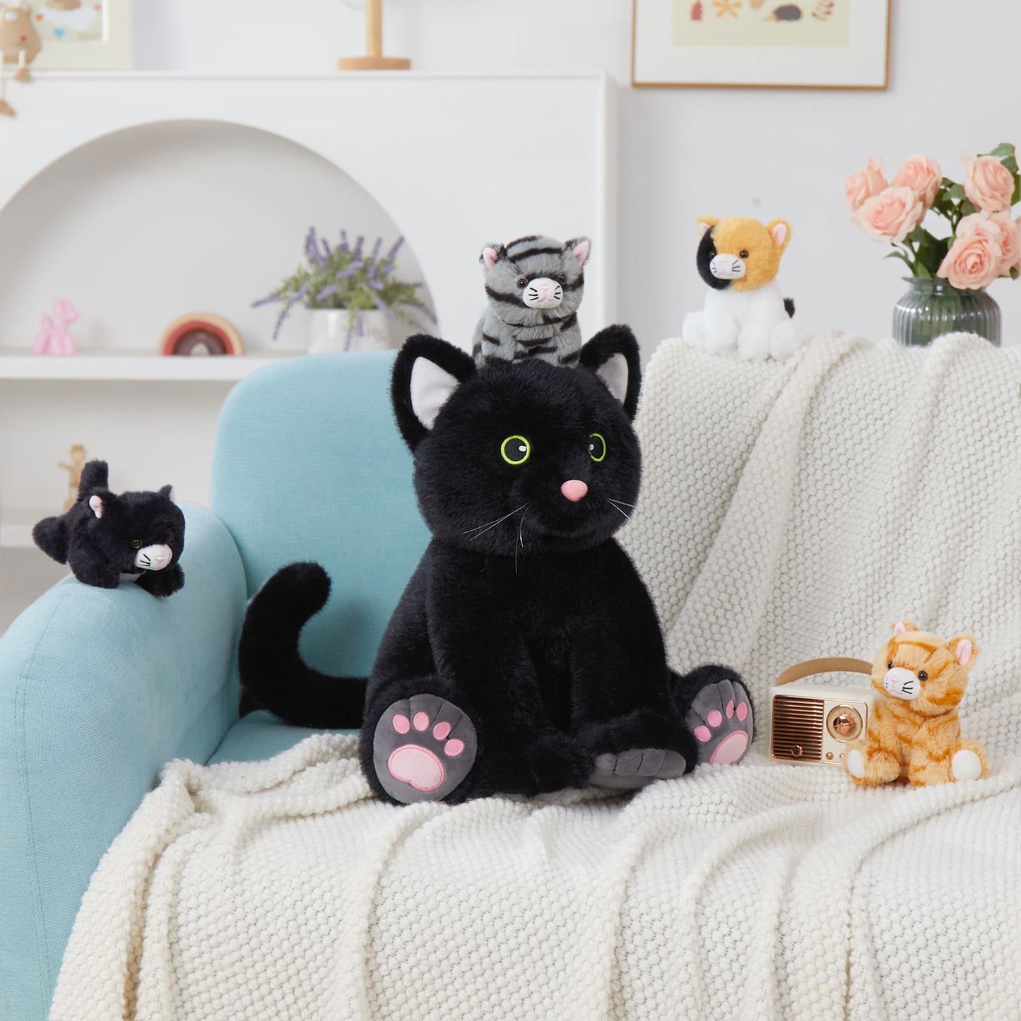 15.75-Inch Black Cat Stuffed Animals with Four Kitten Plush Toys - Stuffed Animal Kitten Babies with Their Mom - Cat Stuffed Animals with Babies in the Belly - Christmas/Birthday/Baby Shower Gift Ideas for Kids Teen Adults - MorisMos Stuffed Animals - Free Shipping