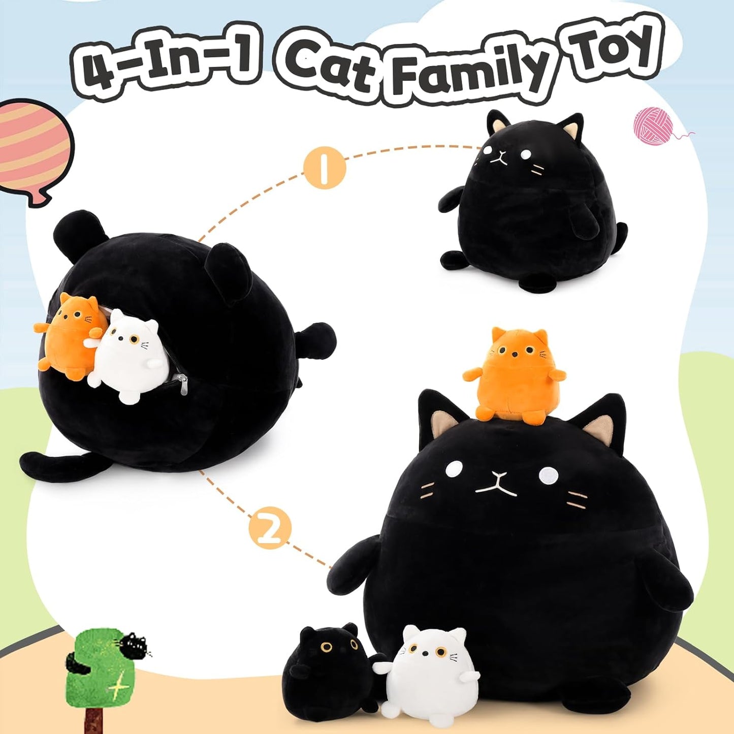 Black Fat Cat Plush Toys, 15.75 Inches - MorisMos Stuffed Animals - Free Shipping - Stuffed Animal Babies with Their Mom - Black Cat Plush Toys - Cute Cartoon Cat Plush Pillows for Bed/Sofa - Cozy Cushion Pillows - Cartoon Pillows for Kids Teens Adults - Birthday Gift for Friends