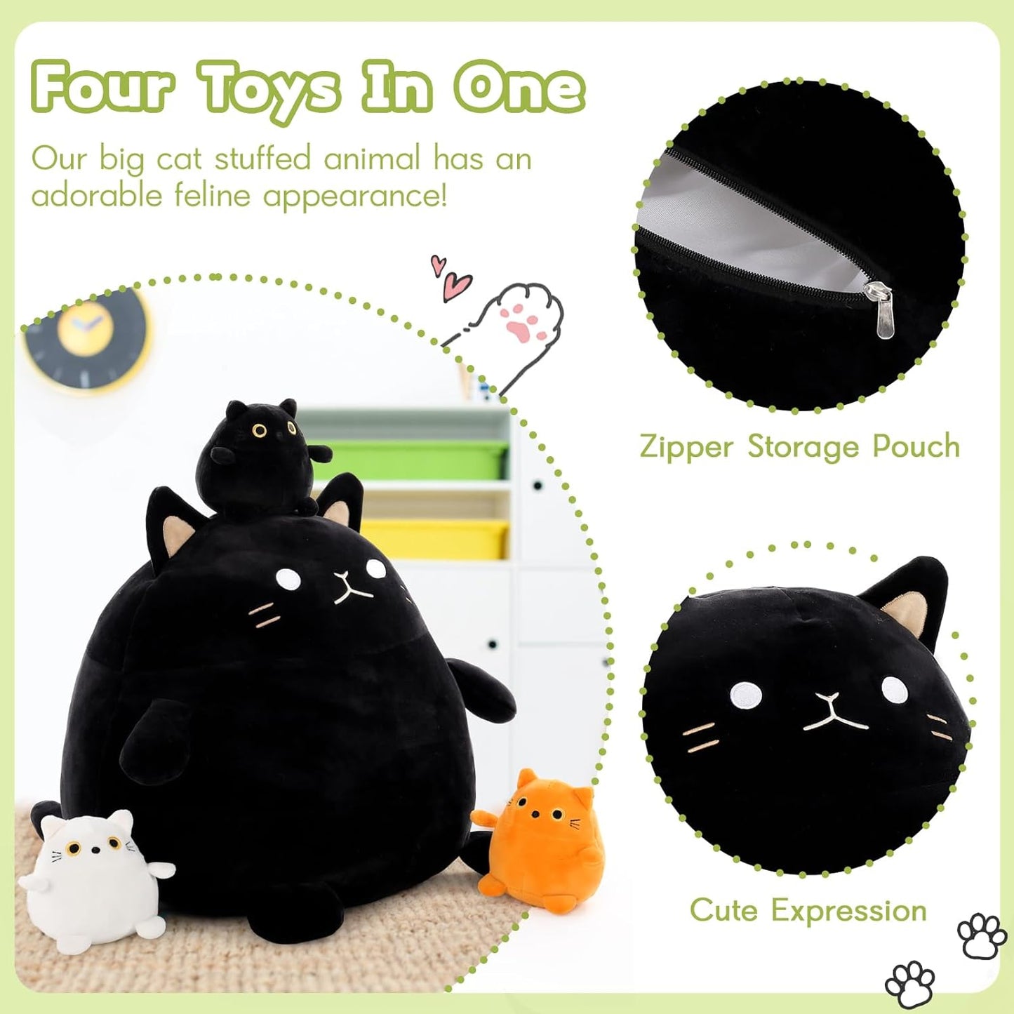 Black Fat Cat Plush Toys, 15.75 Inches - MorisMos Stuffed Animals - Free Shipping - Stuffed Animal Babies with Their Mom - Black Cat Plush Toys - Cute Cartoon Cat Plush Pillows for Bed/Sofa - Cozy Cushion Pillows - Cartoon Pillows for Kids Teens Adults - Birthday Gift for Friends