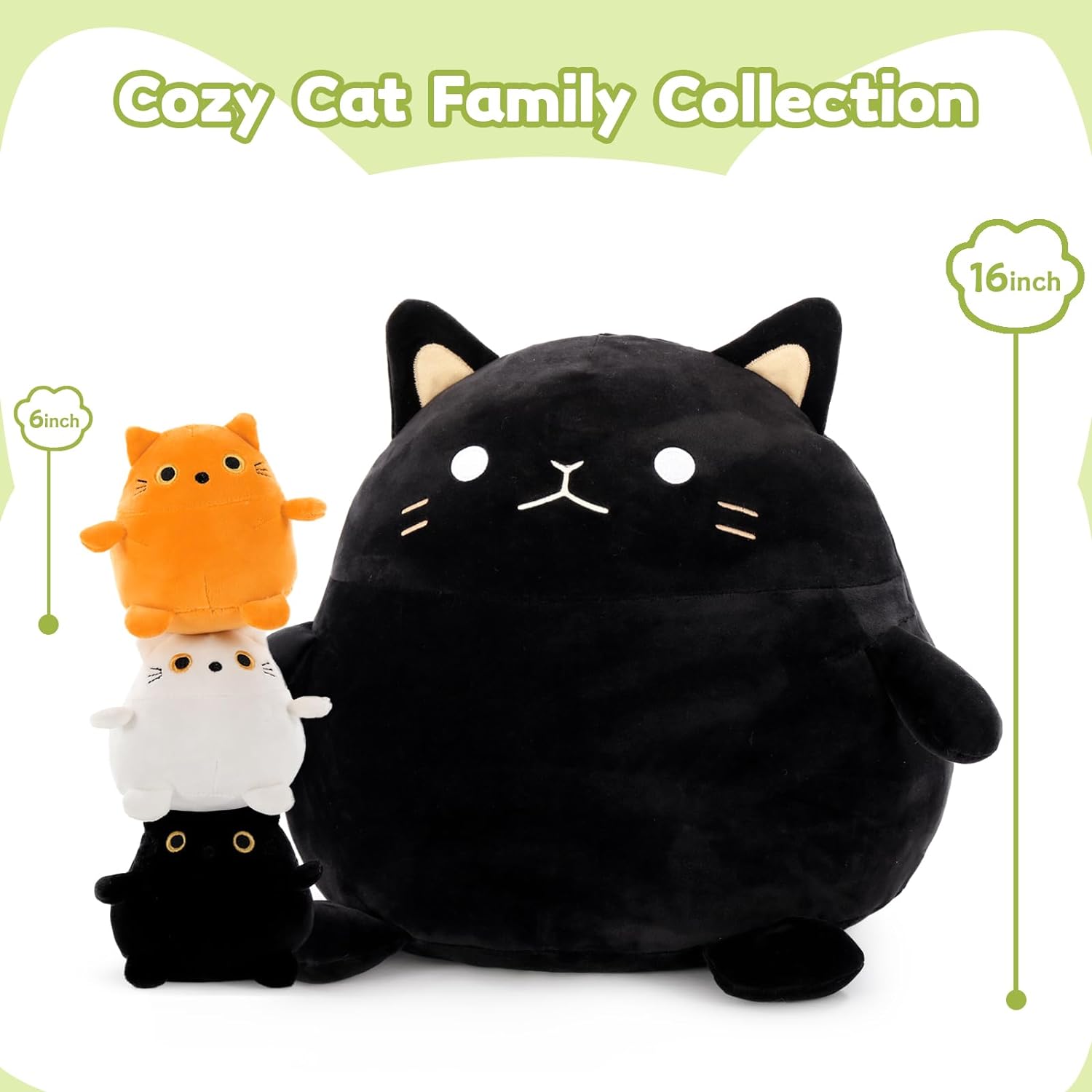 Black Fat Cat Plush Toys, 15.75 Inches - MorisMos Stuffed Animals - Free Shipping - Stuffed Animal Babies with Their Mom - Black Cat Plush Toys - Cute Cartoon Cat Plush Pillows for Bed/Sofa - Cozy Cushion Pillows - Cartoon Pillows for Kids Teens Adults - Birthday Gift for Friends