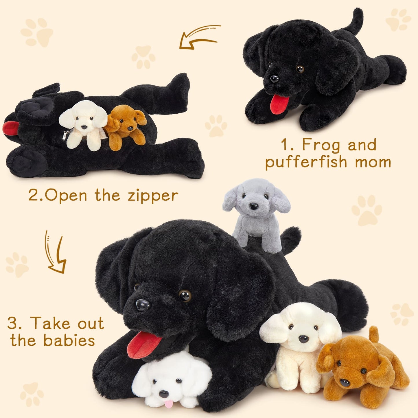 Black Labrador Stuffed Animals with Three Puppies in the Belly - Kawaii Black Dog Plush Toys - Birthday/Christmas/Graduation Gift for Girls Boys - Free Shipping