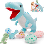 Set of plush dinosaur toys with a large blue dinosaur toy in the foreground.
