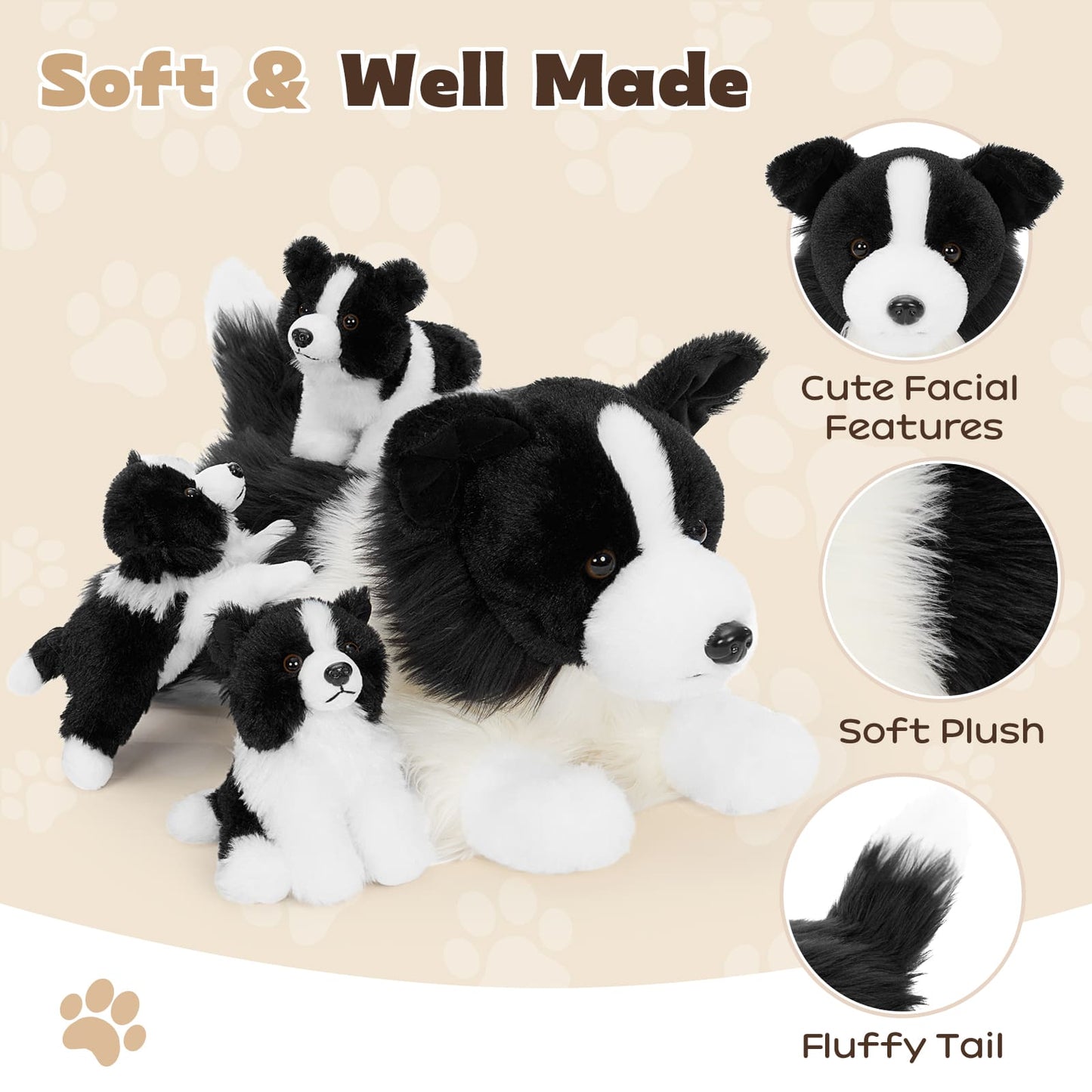 Border Collie Mom & Puppies Plush Set Herding Dog Stuffed Animals