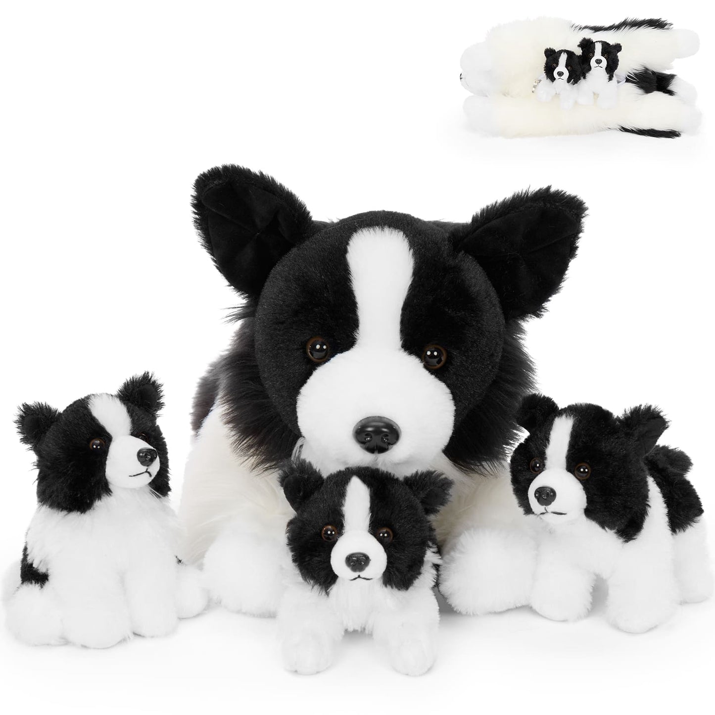 Border Collie Mom & Puppies Plush Set Herding Dog Stuffed Animals