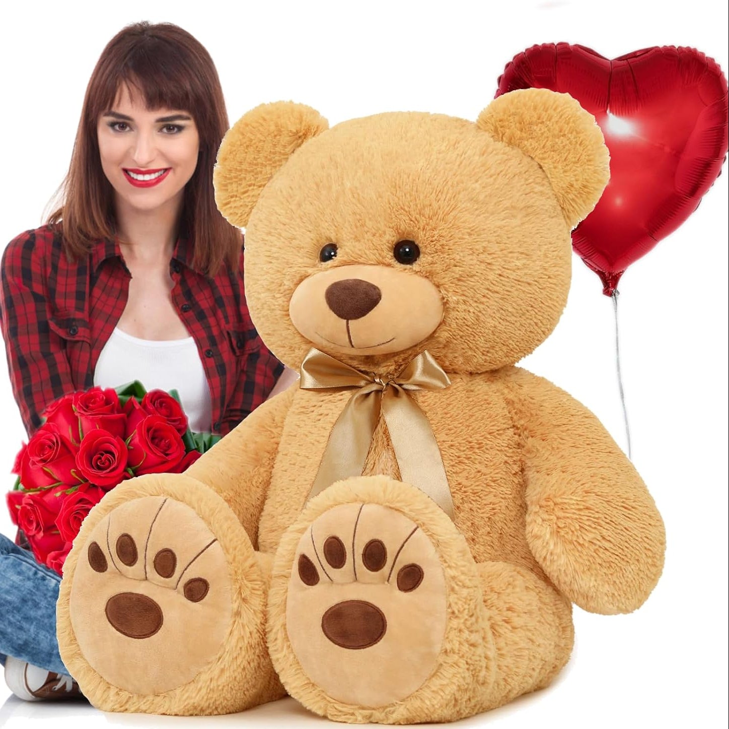 Teddy Bear Plush Toy, Light Brown/Brown/Pink/Beige, 35.4/48.82/59 Inches