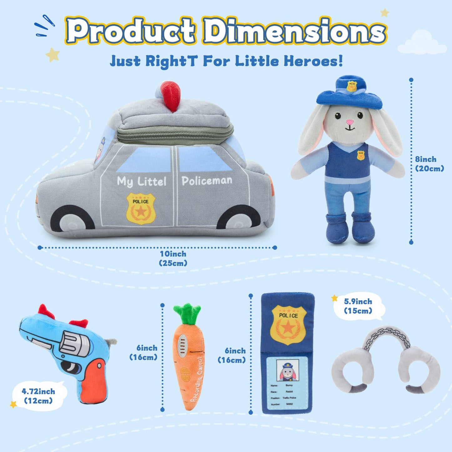 Cute rabbit police officer stuffed animal set featuring a plush patrol car storage bag and soft accessories for toddlers, birthdays, and imaginative role play.
