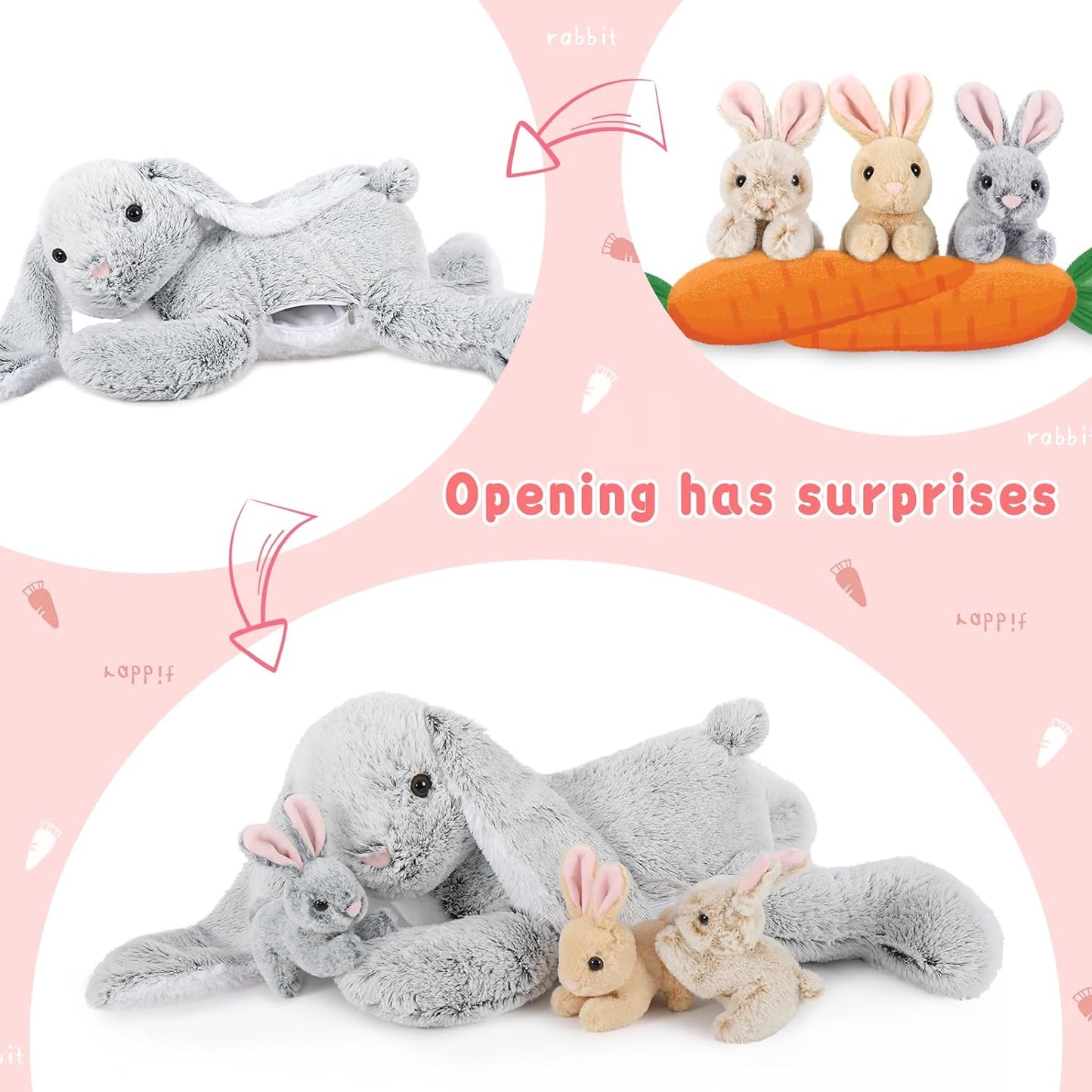 Cute Bunny Plush Toy Set, 24 Inches - Stuffed Animal Babies with Their Mom - Cute Rabbie Plush Toys for Children - Stuffed Animal with Babies in Belly - Christmas Birthday Easter Gift for Kids Teens Adults