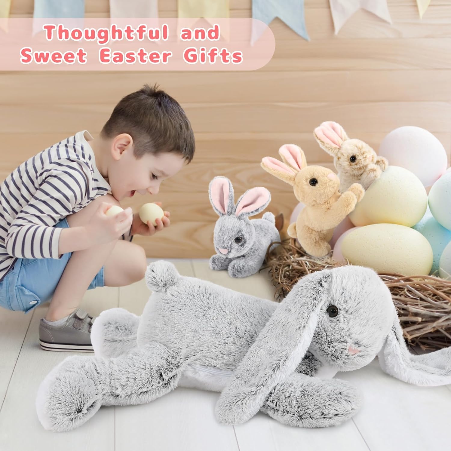Bunny Stuffed Animal Toy Set, Pink/Grey, 24 Inches