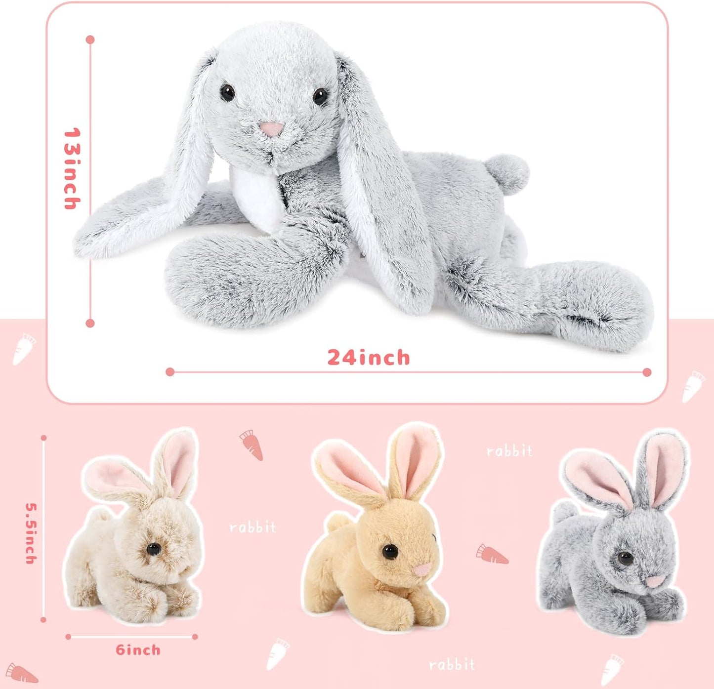 Cute Bunny Plush Toy Set, 24 Inches - Stuffed Animal Babies with Their Mom - Cute Rabbie Plush Toys for Children - Stuffed Animal with Babies in Belly - Christmas Birthday Easter Gift for Kids Teens Adults