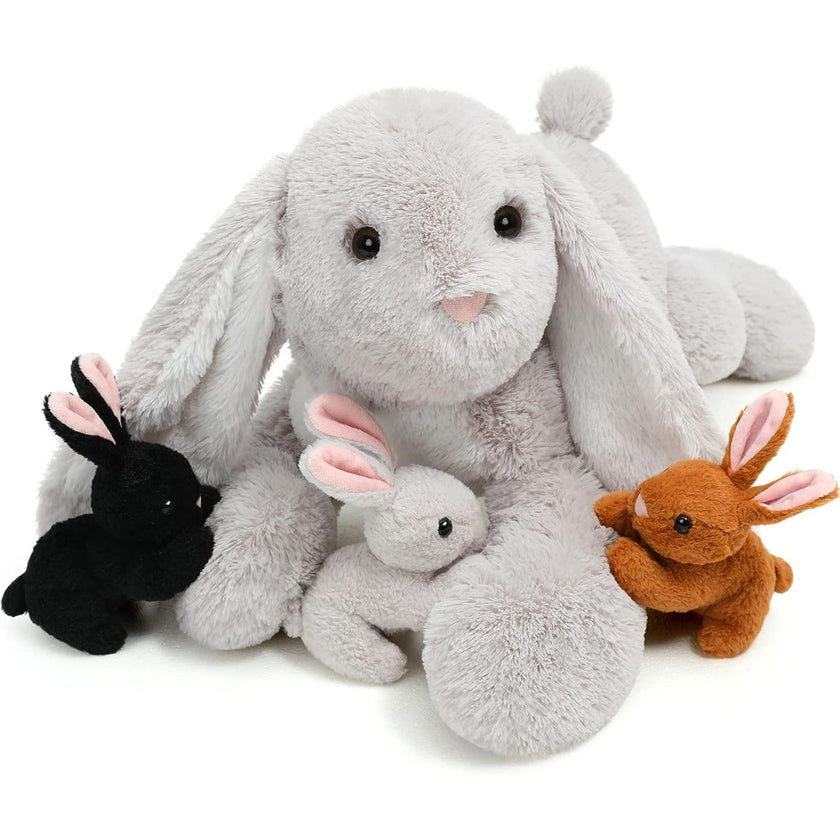 4 Pcs Bunny Stuffed Animals Bulk - Cute Rabbit Plush Toys - Stuffed Animal Bunny Babies with Their Mom - Grey/Pink Realistic Rabbit Plush Dolls for Girls - Easter/Christmas/Birthday Gift for Kids