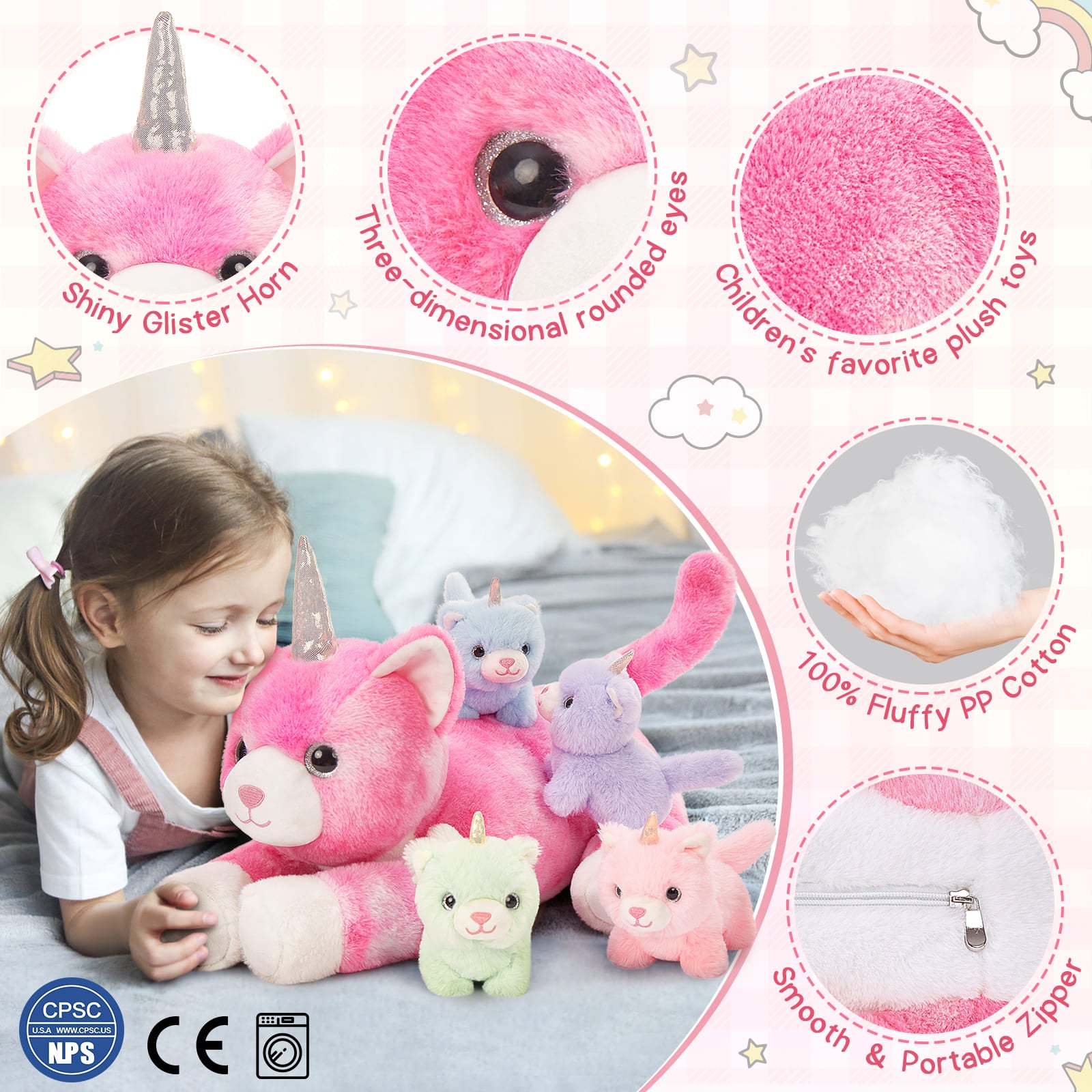 MorisMos Unicorn Cat Plushie - Mommy Cat Unicorn with 4 Baby Kittens - Magical Cat Pink Pillow Plushies for Girls Ages 3-8 - Big Unicorn Stuffed Animals - Ideal Christmas Gift for Girls - Baby Stuffed Animals with Their Mom