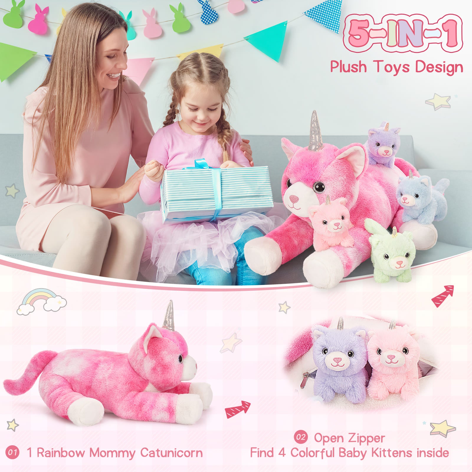 5 Pcs Cat Stuffed Animals, Pink, 23.6 Inches