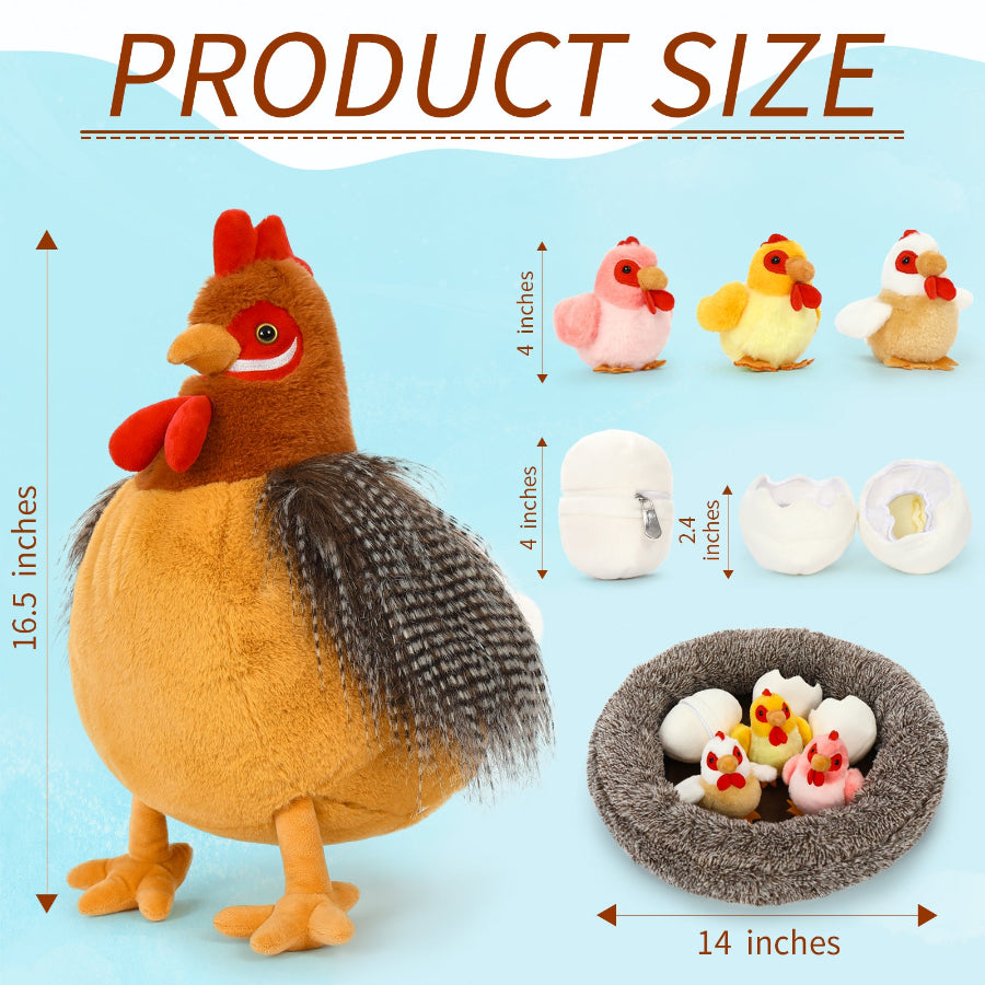 Lifelike Big Rooster Chicken, Three Mini Chicks, Three Chicken Eggs, and a Chicken Coop Plush Toy Set - Farm Chicken Stuffed Animals Set for Children - Stuffed Animals with Babies in the Belly - Stuffed Animal Babies with Their Mom - Realistic Chicken Plush Dolls for Kids Teens Adults