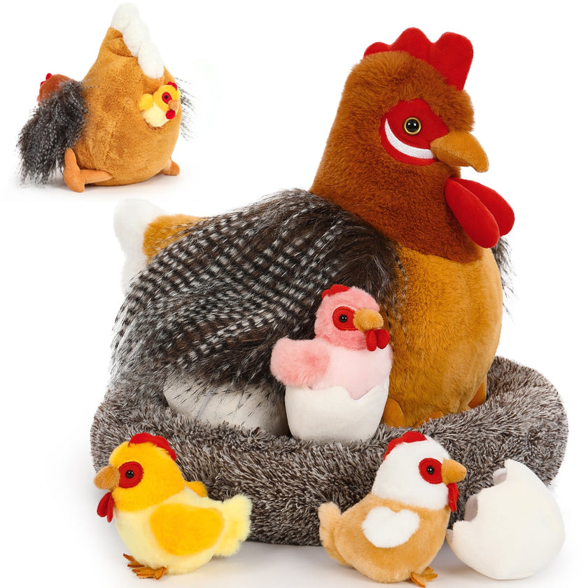 Lifelike Big Rooster Chicken, Three Mini Chicks, Three Chicken Eggs, and a Chicken Coop Plush Toy Set - Farm Chicken Stuffed Animals Set for Children - Stuffed Animals with Babies in the Belly - Stuffed Animal Babies with Their Mom - Realistic Chicken Plush Dolls for Kids Teens Adults